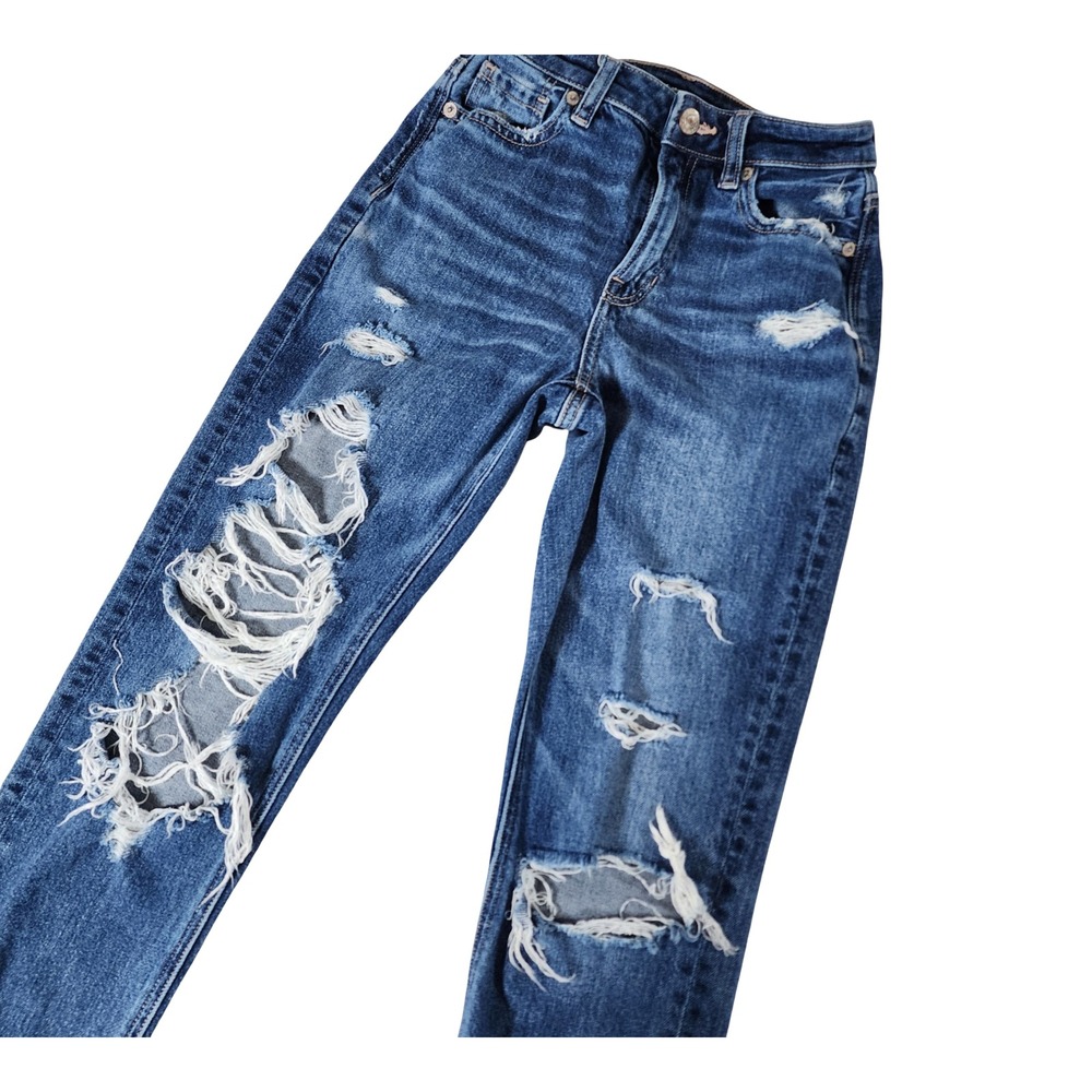 American Eagle Strigid Distressed Mom Jeans Dark Wash Floral Embroidery Size 000 - Picture 10 of 13